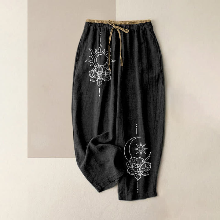 Buddha Stones Pure Cotton Zen Lotus Art Pattern Women's Elastic Waist Pants With Pockets - Black - US16，UK/AU20，EU48 (3XL) - image 4