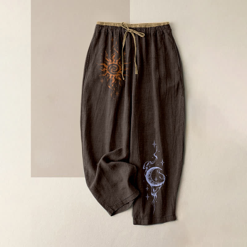 Buddha Stones Pure Cotton Retro Sun Star Moon Pattern Women's Elastic Waist Pants With Pockets - SaddleBrown - US16，UK/AU20，EU48 (3XL) - image 4