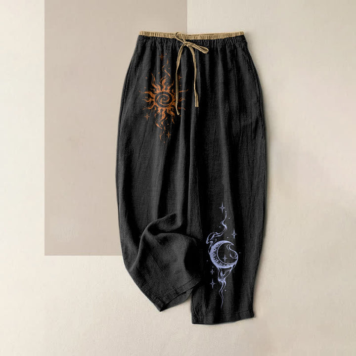 Buddha Stones Pure Cotton Retro Sun Star Moon Pattern Women's Elastic Waist Pants With Pockets - Black - US16，UK/AU20，EU48 (3XL) - image 0