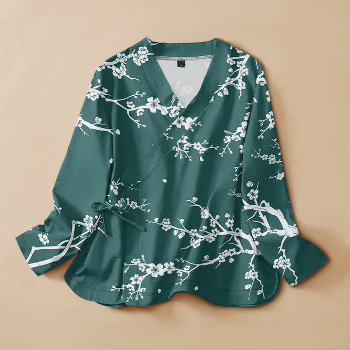 Buddha Stones Cotton Oriental Leaf Bloom Pattern Wrap V-Neck Lace-up Women's Long Sleeve Shirts Kimono - Teal - US16，UK/AU20，EU48 (3XL) - image 5