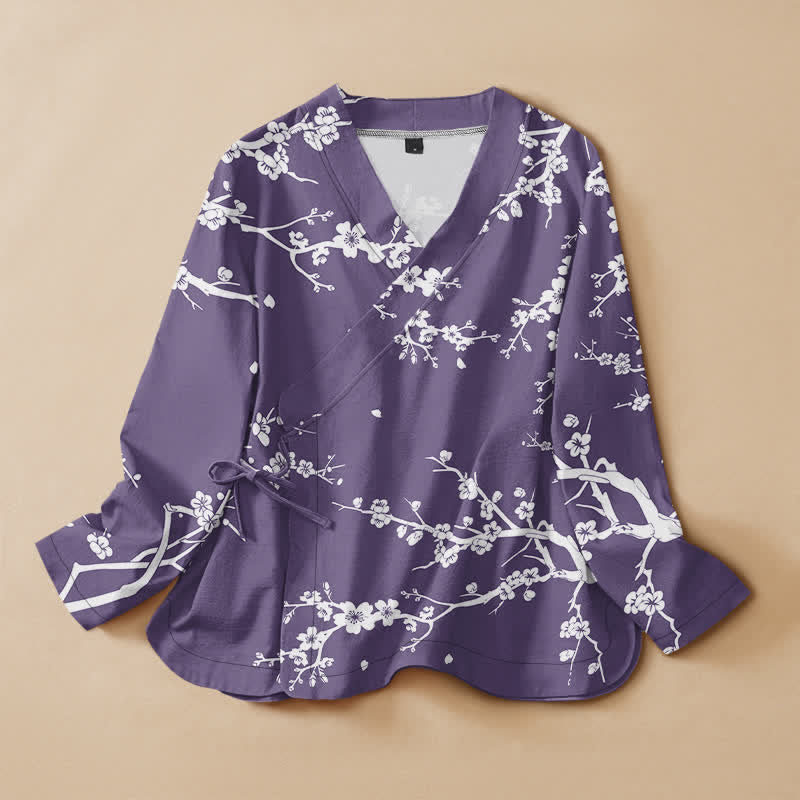 Buddha Stones Cotton Oriental Leaf Bloom Pattern Wrap V-Neck Lace-up Women's Long Sleeve Shirts Kimono - MediumPurple - US16，UK/AU20，EU48 (3XL) - image 7