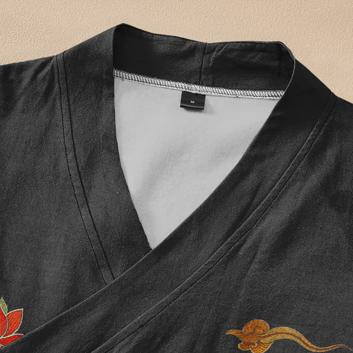 Buddha Stones Cotton Lotus Deer Cloud Print Wrap V-Neck Lace-up Women's Long Sleeve Shirts Kimono - image 2
