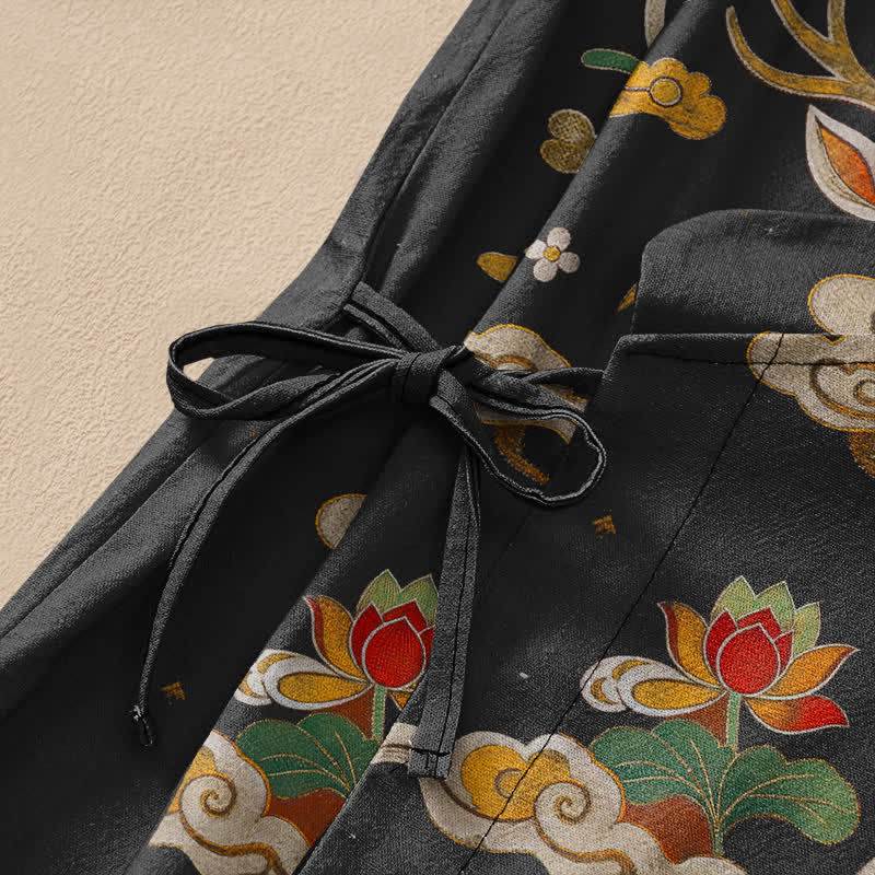 Buddha Stones Cotton Lotus Deer Cloud Print Wrap V-Neck Lace-up Women's Long Sleeve Shirts Kimono - image 3