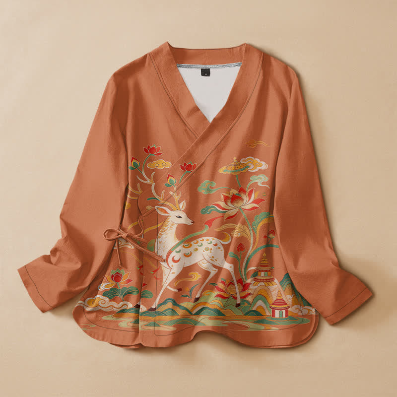 Buddha Stones Cotton Lotus Deer Cloud Print Wrap V-Neck Lace-up Women's Long Sleeve Shirts Kimono - Peru - US16，UK/AU20，EU48 (3XL) - image 5