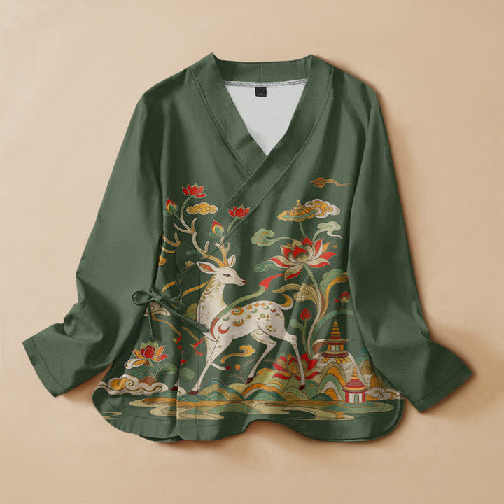 Buddha Stones Cotton Lotus Deer Cloud Print Wrap V-Neck Lace-up Women's Long Sleeve Shirts Kimono - DarkOliveGreen - US16，UK/AU20，EU48 (3XL) - image 7