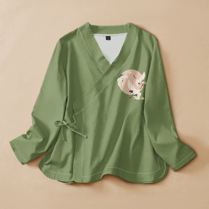 Buddha Stones Cotton Eastern Crane Pattern Wrap V-Neck Lace-up Women's Long Sleeve Shirts Kimono - OliveDrab - US16，UK/AU20，EU48 (3XL) - image 0