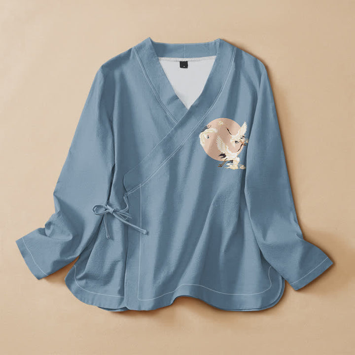 Buddha Stones Cotton Eastern Crane Pattern Wrap V-Neck Lace-up Women's Long Sleeve Shirts Kimono - LightBlue - US16，UK/AU20，EU48 (3XL) - image 7