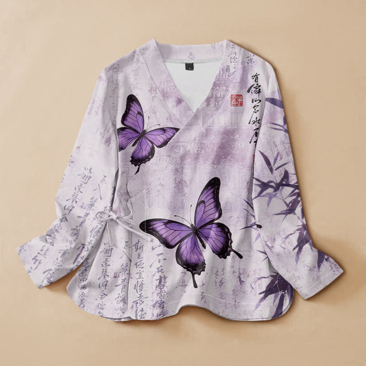 Buddha Stones Cotton Bamboo Butterfly Print Wrap V-Neck Lace-up Women's Long Sleeve Shirts Kimono - Thistle - US16，UK/AU20，EU48 (3XL) - image 0