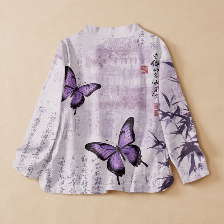 Buddha Stones Cotton Bamboo Butterfly Print Wrap V-Neck Lace-up Women's Long Sleeve Shirts Kimono - image 1