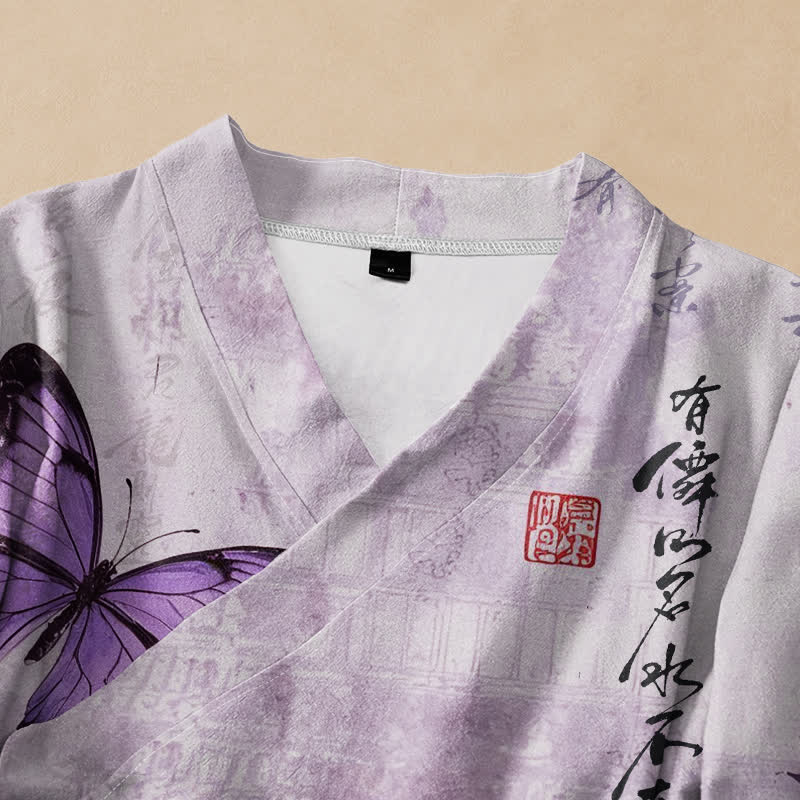 Buddha Stones Cotton Bamboo Butterfly Print Wrap V-Neck Lace-up Women's Long Sleeve Shirts Kimono - image 2