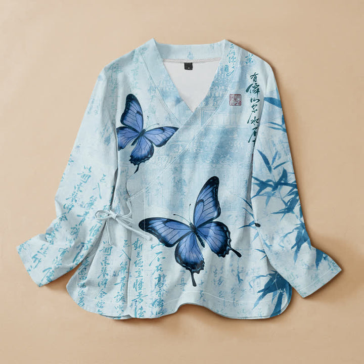 Buddha Stones Cotton Bamboo Butterfly Print Wrap V-Neck Lace-up Women's Long Sleeve Shirts Kimono - LightBlue - US16，UK/AU20，EU48 (3XL) - image 5