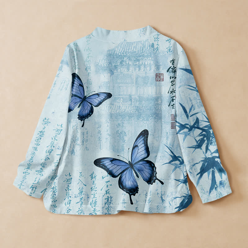 Buddha Stones Cotton Bamboo Butterfly Print Wrap V-Neck Lace-up Women's Long Sleeve Shirts Kimono - image 6