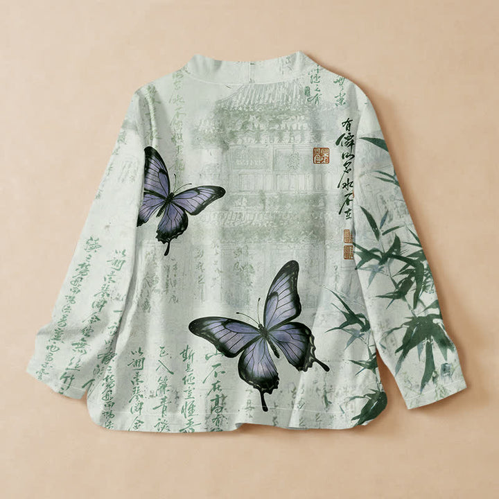 Buddha Stones Cotton Bamboo Butterfly Print Wrap V-Neck Lace-up Women's Long Sleeve Shirts Kimono - image 8