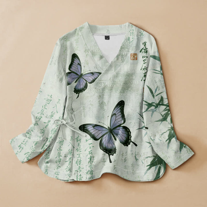 Buddha Stones Cotton Bamboo Butterfly Print Wrap V-Neck Lace-up Women's Long Sleeve Shirts Kimono - Honeydew - US16，UK/AU20，EU48 (3XL) - image 7