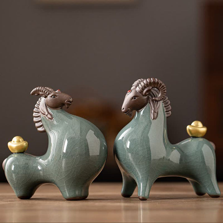 Buddha Stones Ceramic Goat Ram Prosperity Crackle Glaze Cute Animal Decor - image 5
