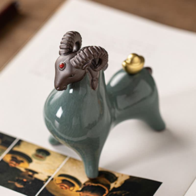 Buddha Stones Ceramic Goat Ram Prosperity Crackle Glaze Cute Animal Decor - image 2