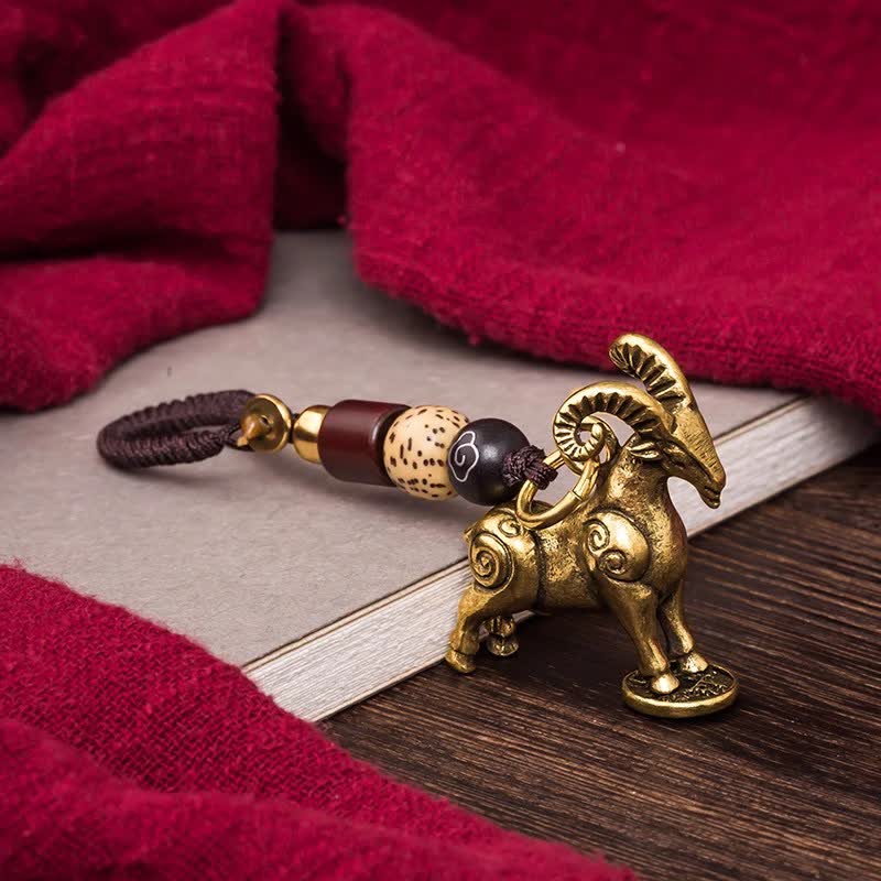 Buddha Stones Brass Chinese Zodiac Luck Braided Charm Keychains - Goat - image 0