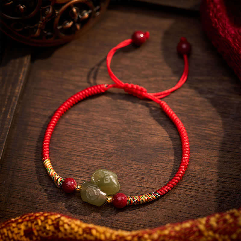 Buddha Stones Year of the Goat Hetian Jade Goat Charm Cinnabar Protection Braided String Bracelet - image 3
