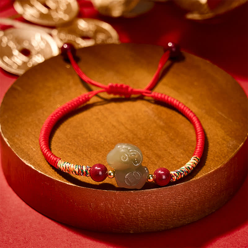 Buddha Stones Year of the Goat Hetian Jade Goat Charm Cinnabar Protection Braided String Bracelet - image 2