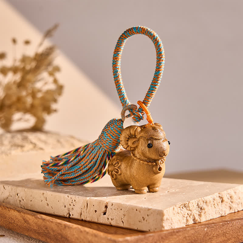 Buddha Stones Year of the Goat Green Sandalwood Sheep Chinese Zodiac Serenity Hand-Carved Tassel Keychains - image 1
