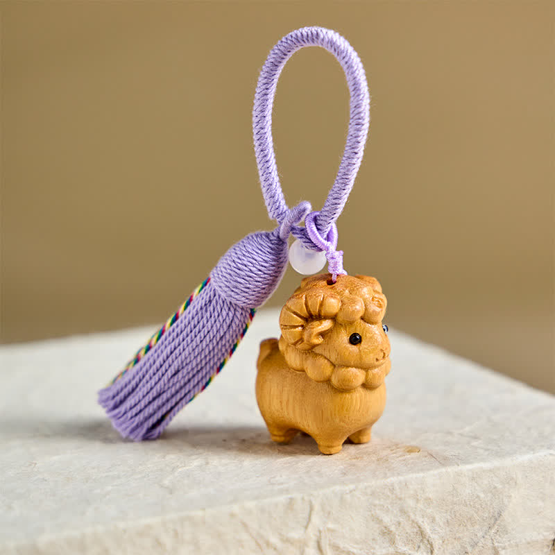 Buddha Stones Year of the Goat Hand Carved Rainbow Eucalyptus Sandalwood Chinese Zodiac Goat Keychains - image 1