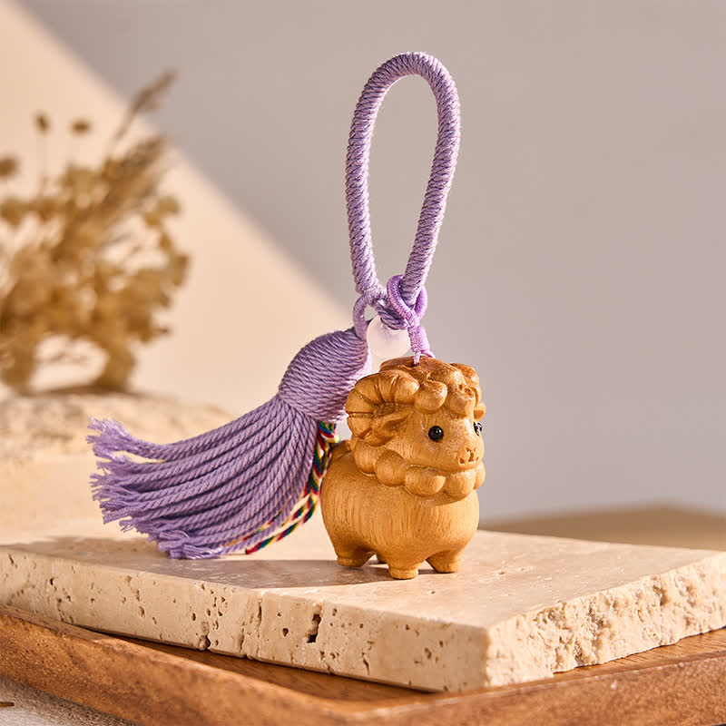 Buddha Stones Year of the Goat Hand Carved Rainbow Eucalyptus Sandalwood Chinese Zodiac Goat Keychains - Sandalwood - image 0