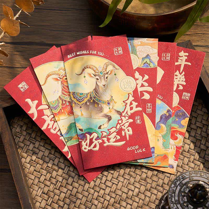 Buddha Stones 6Pcs Year of the Goat Good Fortune Prosperity Chinese New Year Red Envelope Set - 6Pcs Set 16.6*8.6cm - image 0