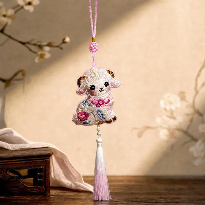 Buddha Stones Fabric Embroidery Goat Cute Car Hanging Decoration - Pink - image 5