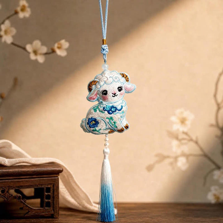 Buddha Stones Fabric Embroidery Goat Cute Car Hanging Decoration - Blue - image 1