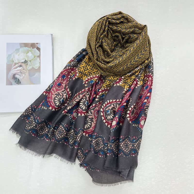 Buddha Stones Spring Fall Ethnic Floral Leaf Print Women's Scarf - Gray - image 11
