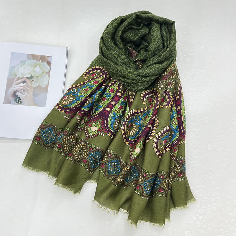 Buddha Stones Spring Fall Ethnic Floral Leaf Print Women's Scarf - DarkOliveGreen - image 5