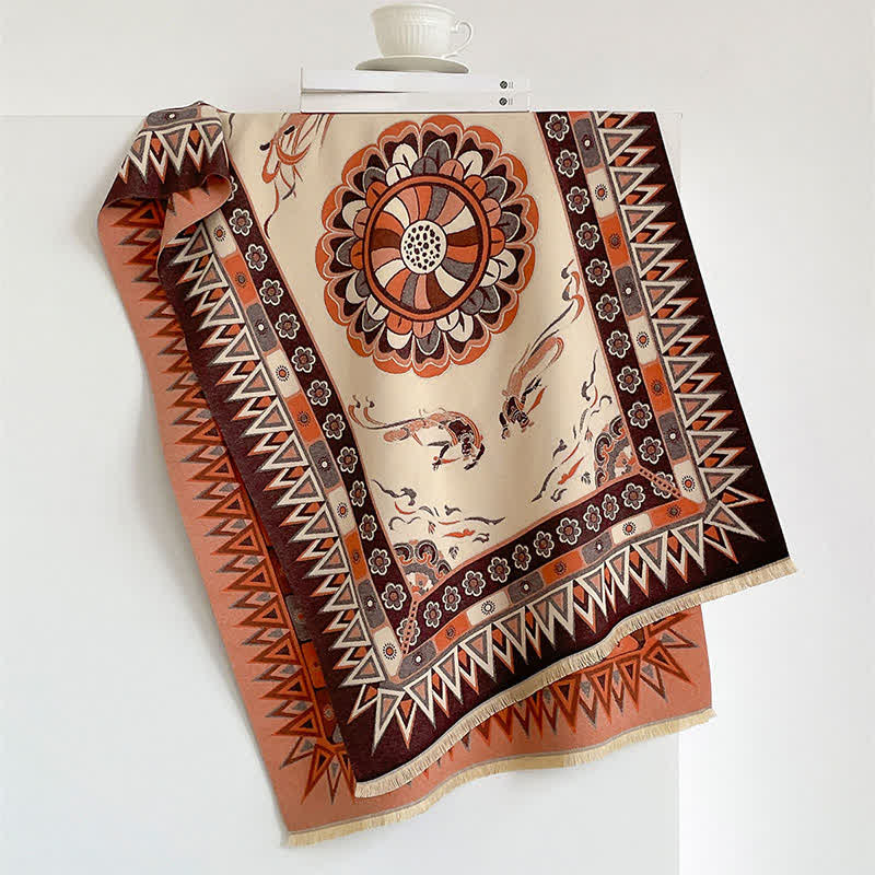 Buddha Stones Fall Winter Neutral Tone Retro Print Fringe Women's Scarf - image 3