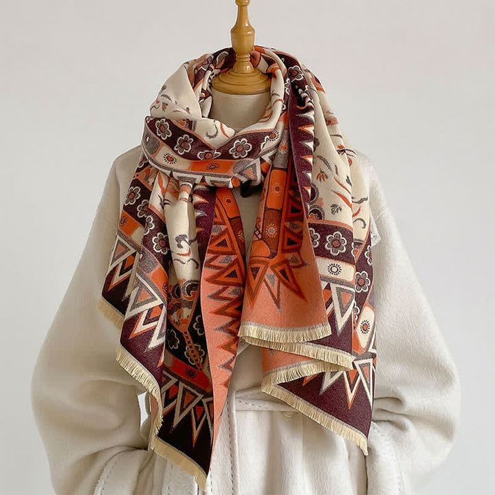 Buddha Stones Fall Winter Neutral Tone Retro Print Fringe Women's Scarf - Sienna - image 2