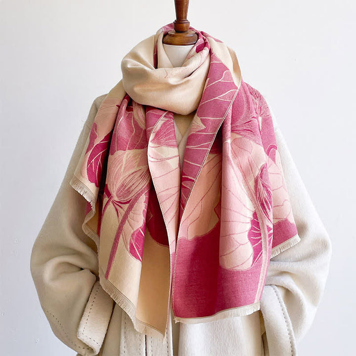 Buddha Stones Spring Fall Lotus Botanical Print Tassel Women's Scarf - DeepPink - image 10