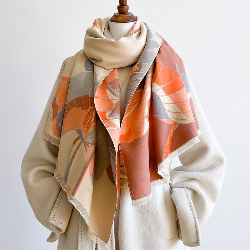 Buddha Stones Spring Fall Lotus Botanical Print Tassel Women's Scarf - DarkOrange - image 8