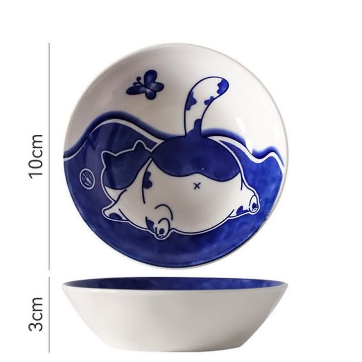 Buddha Stones Blue White Ceramic Playful Cat Round Sauce Dish - Chasing The Ball - image 3