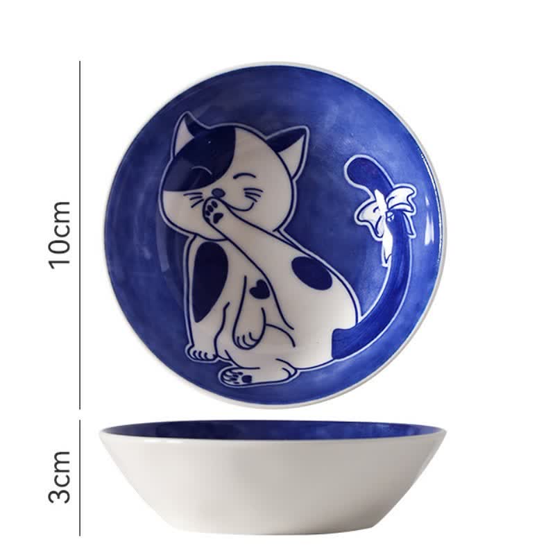 Buddha Stones Blue White Ceramic Playful Cat Round Sauce Dish - Laughing - image 5