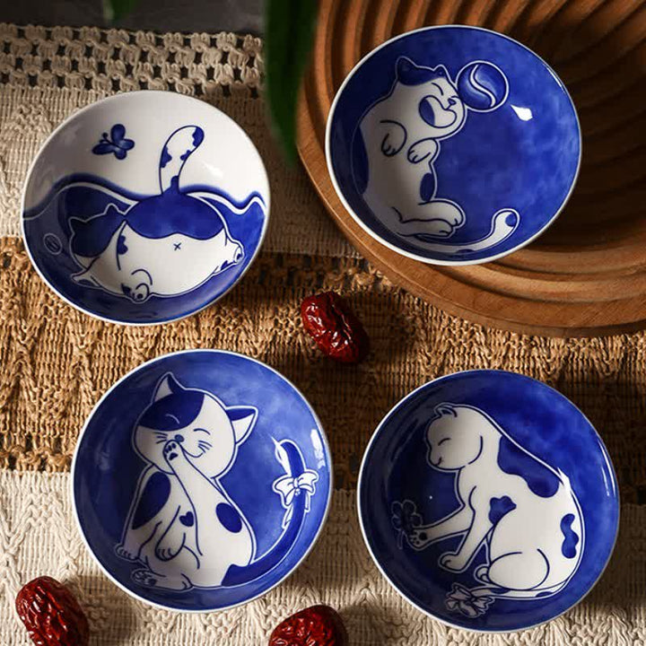 Buddha Stones Blue White Ceramic Playful Cat Round Sauce Dish - 4Pcs Set - image 13