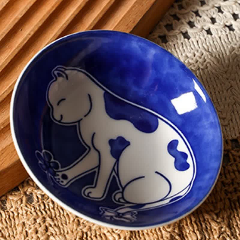 Buddha Stones Blue White Ceramic Playful Cat Round Sauce Dish - image 2