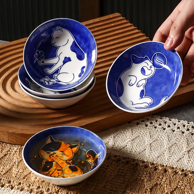 Buddha Stones Blue White Ceramic Playful Cat Round Sauce Dish - image 0