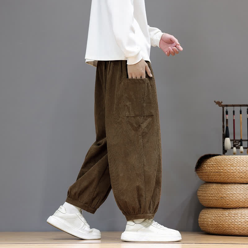 Buddha Stones Fall Winter Casual Drawstring Solid Corduroy Cropped Pants Men's Harem Pants With Pockets - image 2