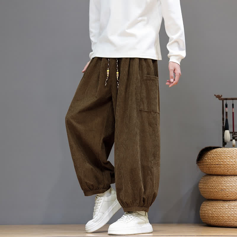 Buddha Stones Fall Winter Casual Drawstring Solid Corduroy Cropped Pants Men's Harem Pants With Pockets - image 7