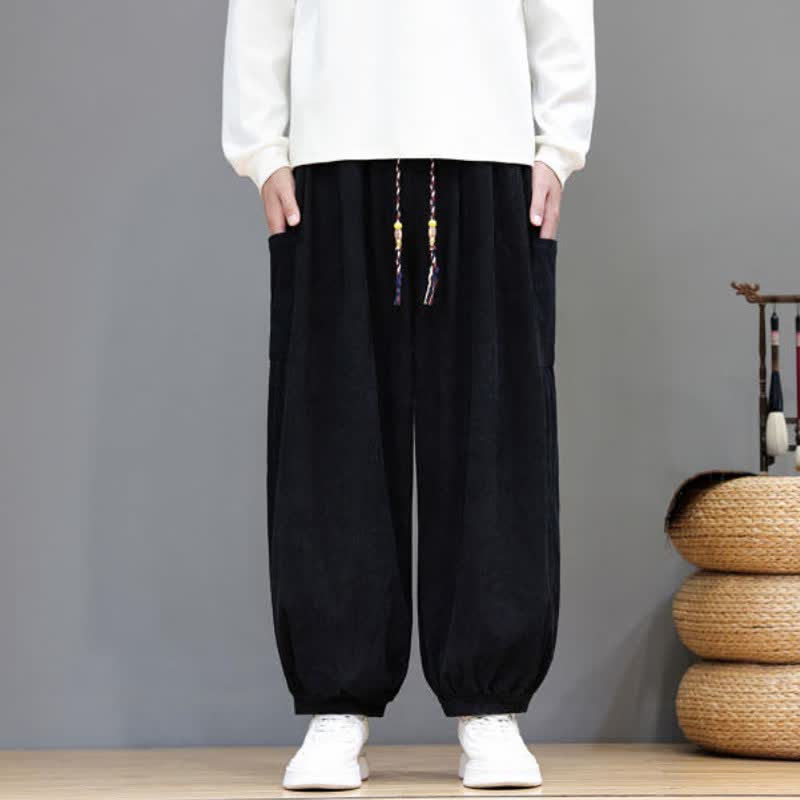 Buddha Stones Fall Winter Casual Drawstring Solid Corduroy Cropped Pants Men's Harem Pants With Pockets - Black - US/UK/AU48, EU58 (5XL) - image 20