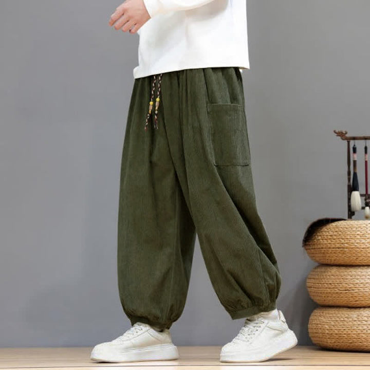 Buddha Stones Fall Winter Casual Drawstring Solid Corduroy Cropped Pants Men's Harem Pants With Pockets - image 41