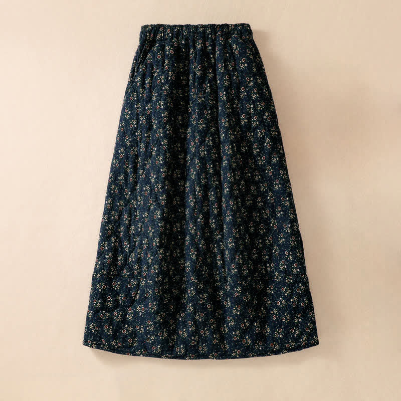 Buddha Stones Fall Winter Elegant Vintage Floral SteelBlue Women's Skirt With Pockets - image 1