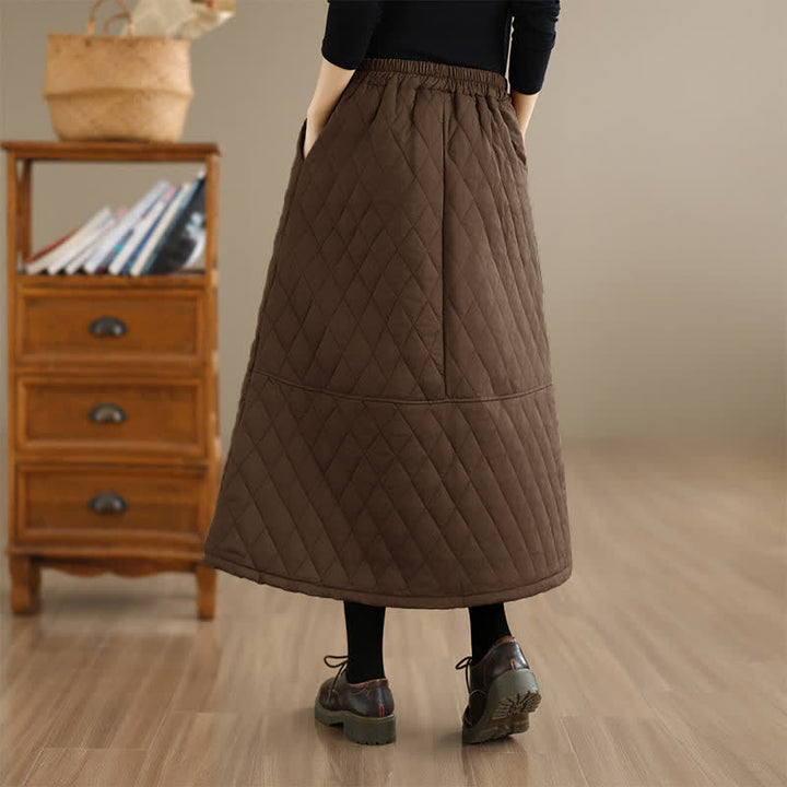 Buddha Stones Fall Winter Casual Vintage Design Quilted Solid Women's Skirt With Pockets - image 3