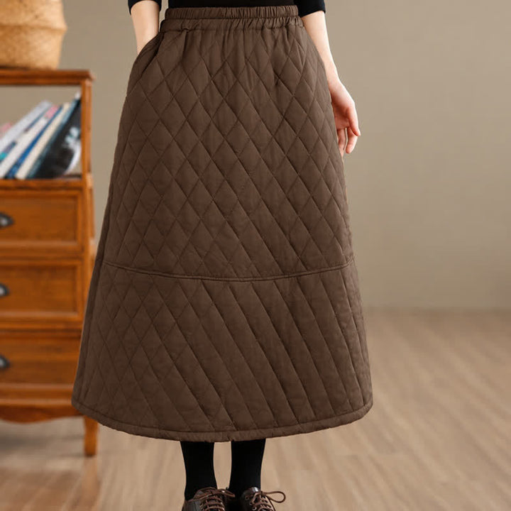Buddha Stones Fall Winter Casual Vintage Design Quilted Solid Women's Skirt With Pockets - image 2