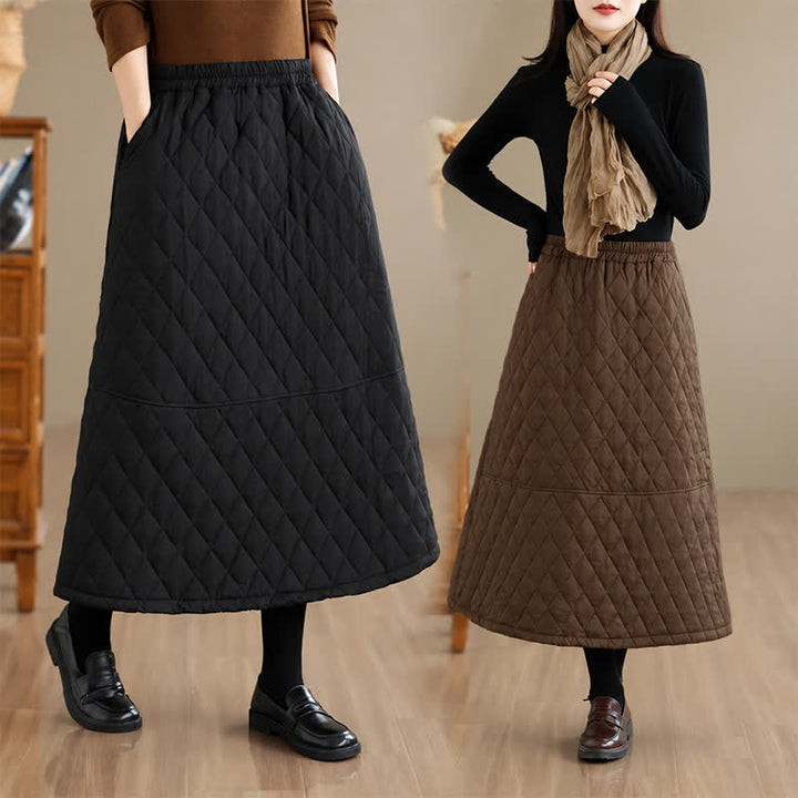Buddha Stones Fall Winter Casual Vintage Design Quilted Solid Women's Skirt With Pockets - image 16