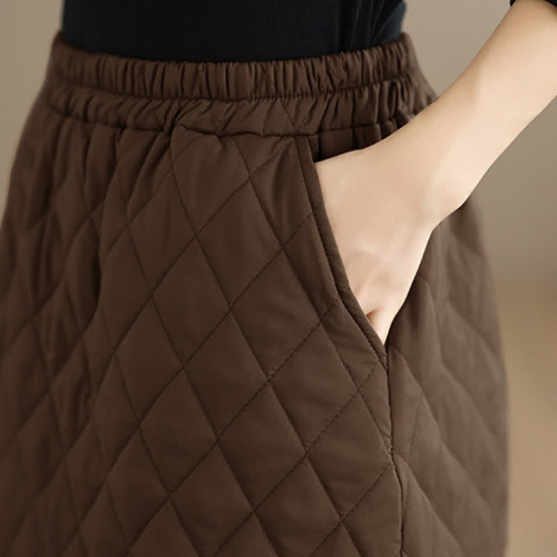 Buddha Stones Fall Winter Casual Vintage Design Quilted Solid Women's Skirt With Pockets - image 7