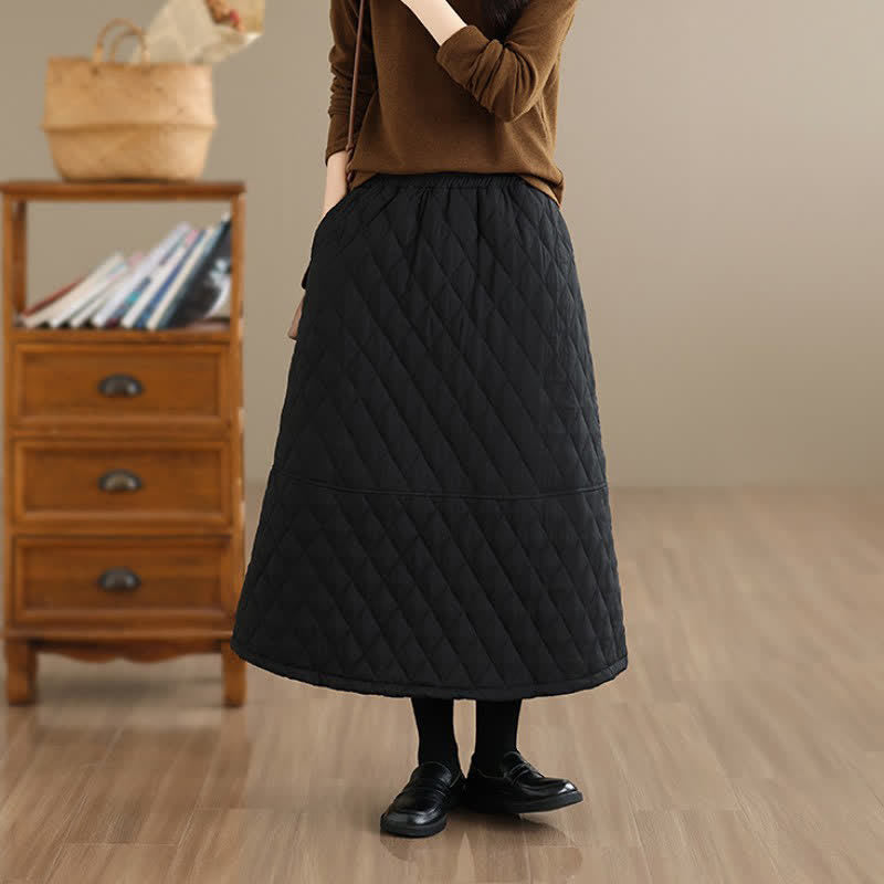 Buddha Stones Fall Winter Casual Vintage Design Quilted Solid Women's Skirt With Pockets - image 11